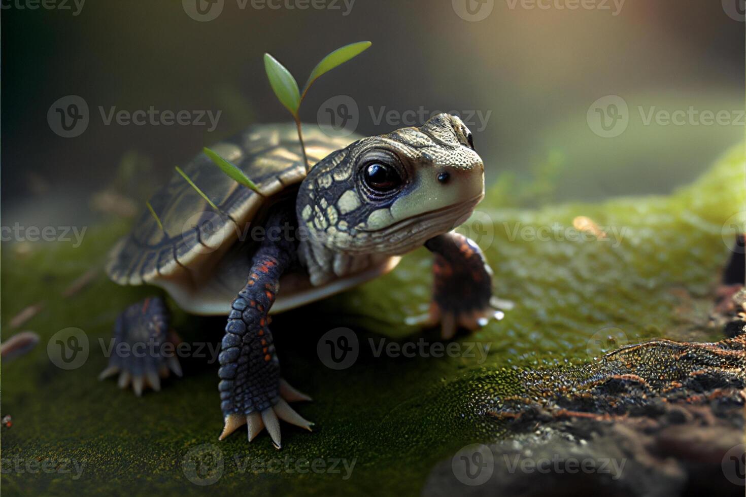 small turtle sitting on top of a green leaf. . photo