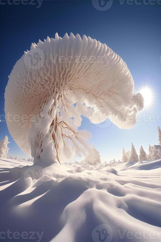 snow covered tree in the middle of a snowy field. . photo