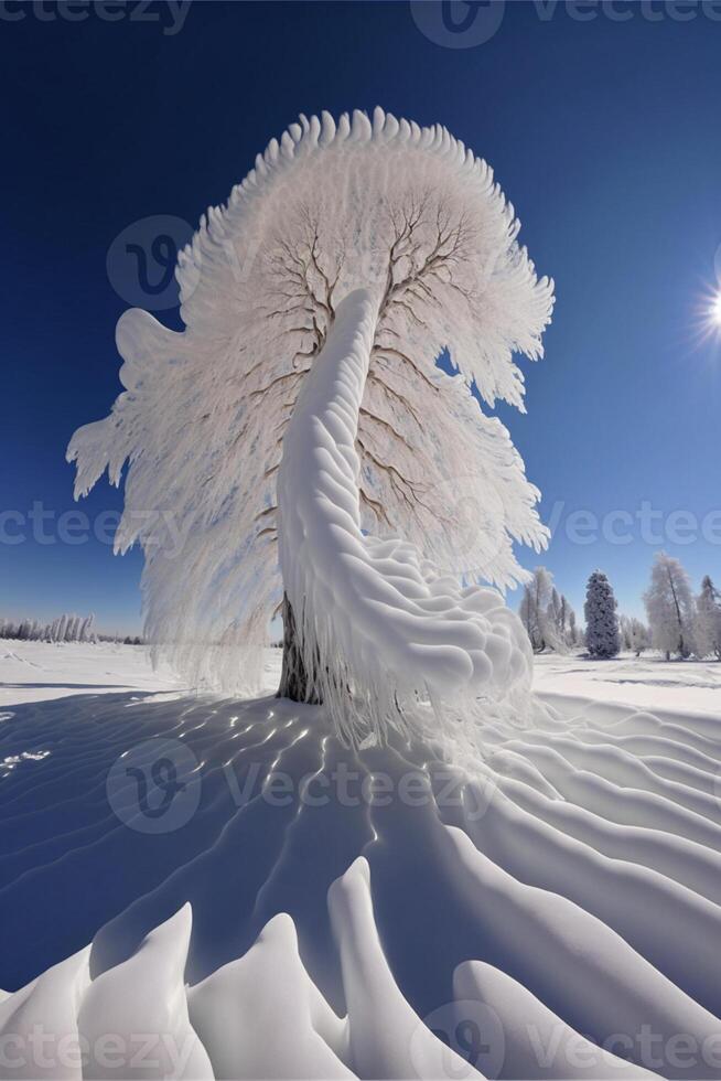 snow covered tree sitting on top of a snow covered field. . photo