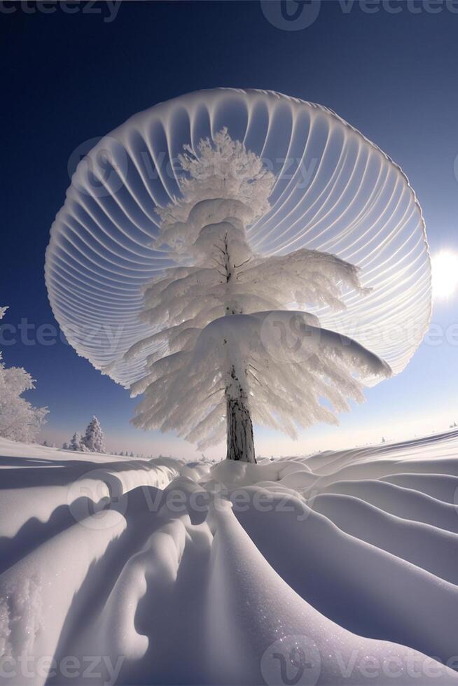 snow covered tree sitting in the middle of a snow covered field. . photo