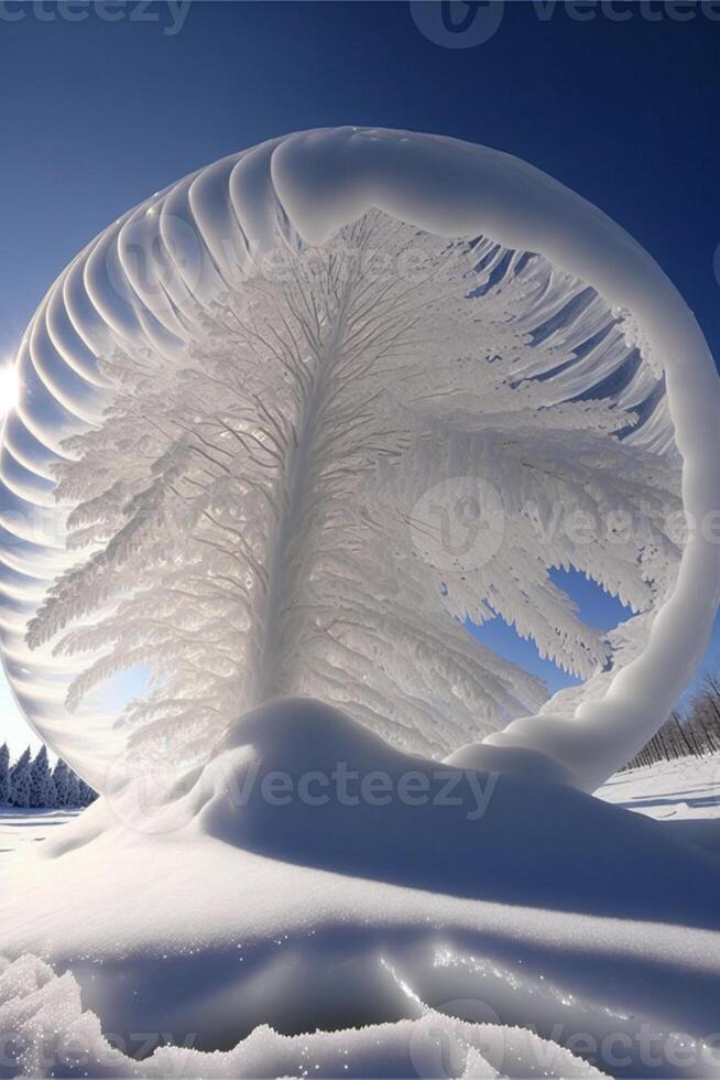 nieve cubierto árbol sentado en parte superior de un nieve cubierto suelo. generativo ai. foto