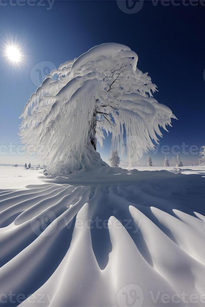 nieve cubierto árbol sentado en parte superior de un nieve cubierto campo. generativo ai. foto