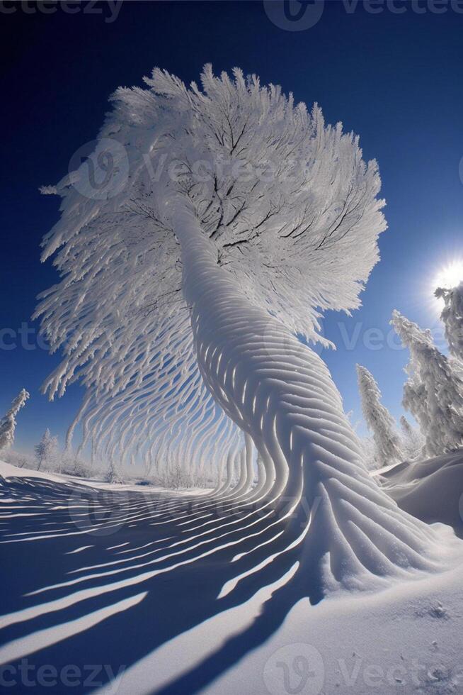 snow covered tree sitting on top of a snow covered slope. . photo