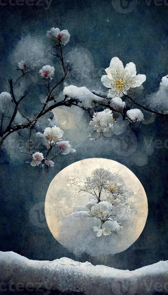 snow covered tree with a full moon in the background. . photo