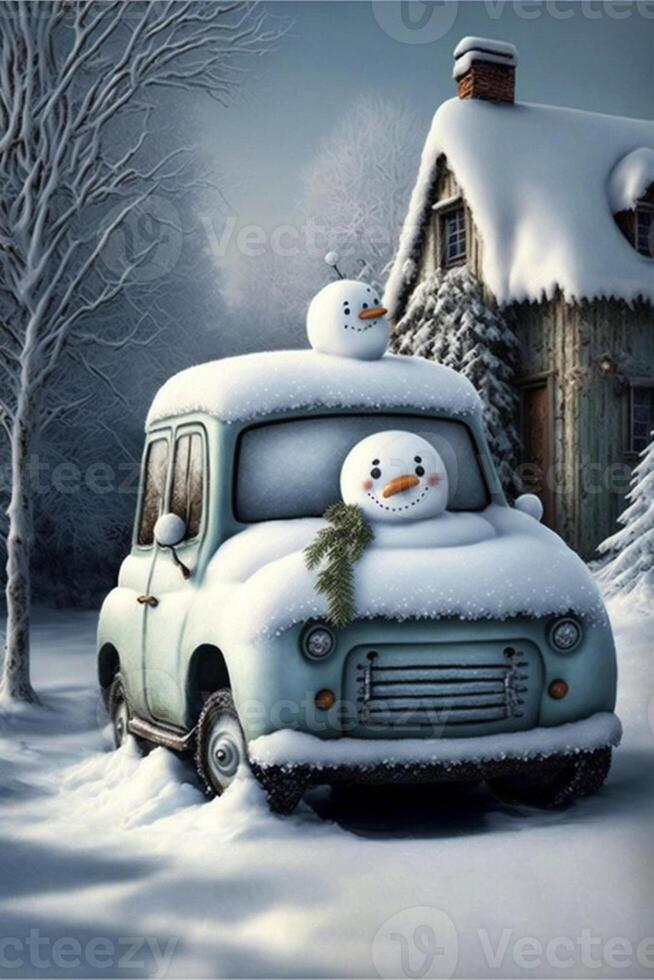 snowman sitting on top of a truck in the snow. . photo
