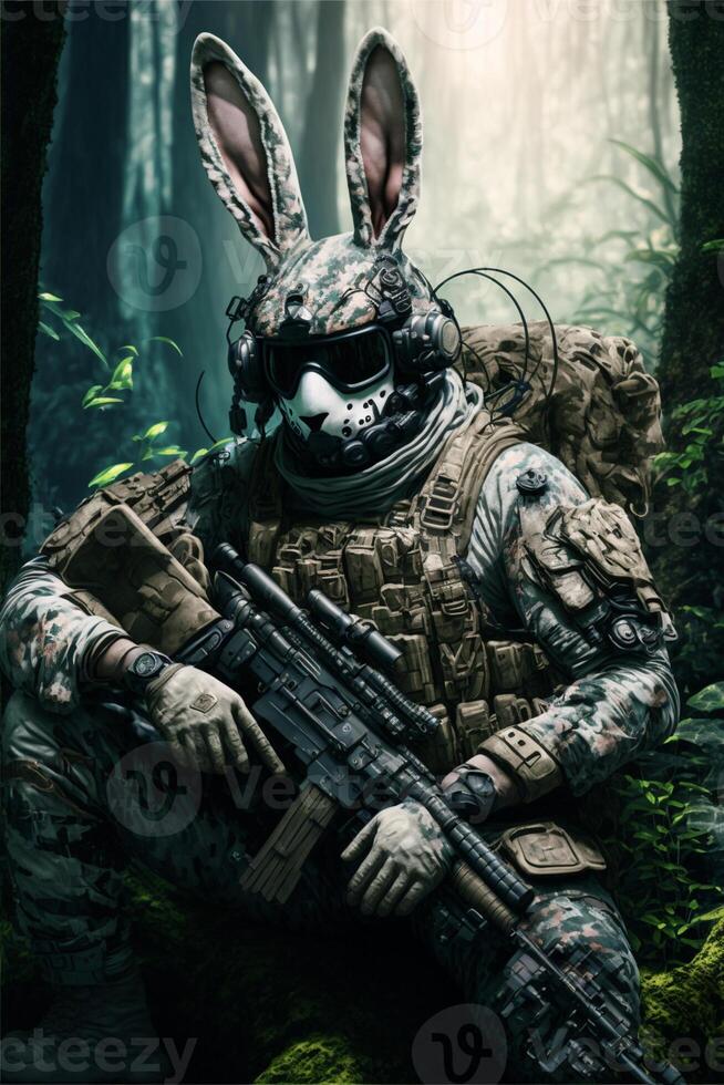 soldier with a bunny mask holding a rifle. . photo