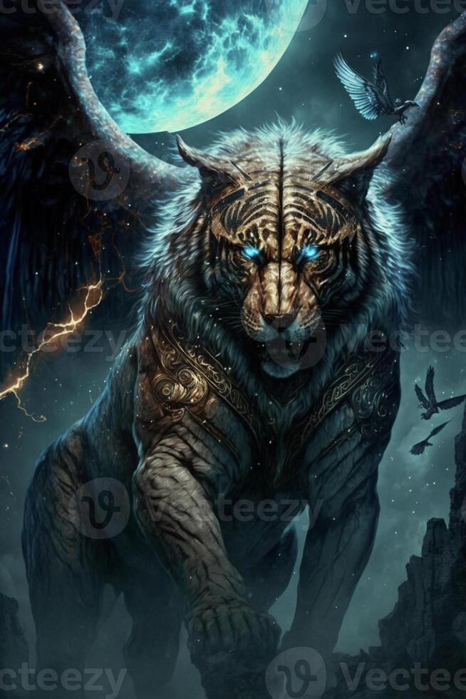 tiger with blue eyes standing in front of a full moon. . photo