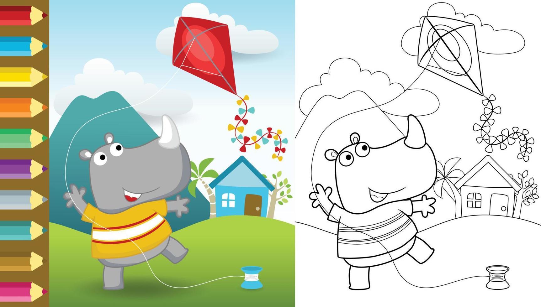 Cartoon of funny rhino playing kite on rural scenery background, coloring book or page vector