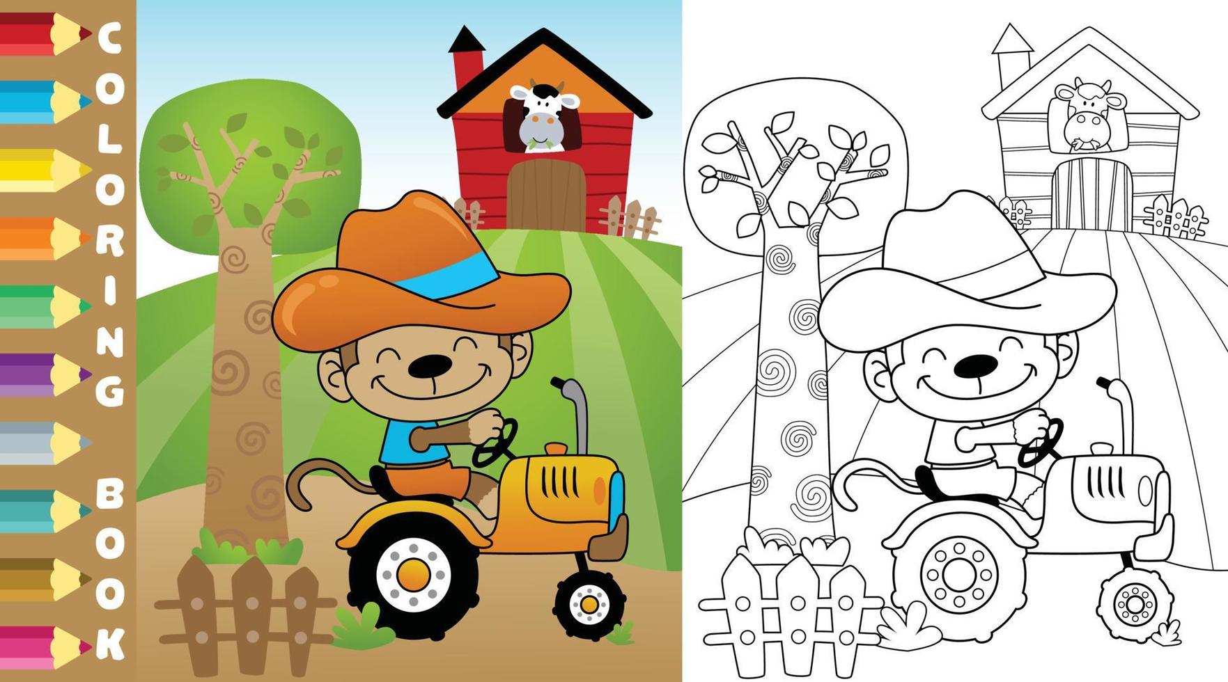Coloring page or book of funny monkey driving tractor in farm yard, farming elements, vector cartoon illustration