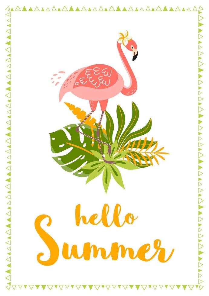 rosado flamenco tropical hojas ramo. Hola verano texto. verano playa fiesta modelo. linda rosado flamenco con tropical hojas composición. tropical verano hora tarjeta bandera póster vector ilustración.