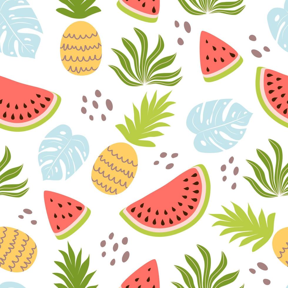 Tropical watermelon seamless pattern, cute yellow pineapple, tropical leaves in cartoon doodle style. Summer fruits bright endless background. Hawaii concept Vacation print.Exotic Vector illustration.