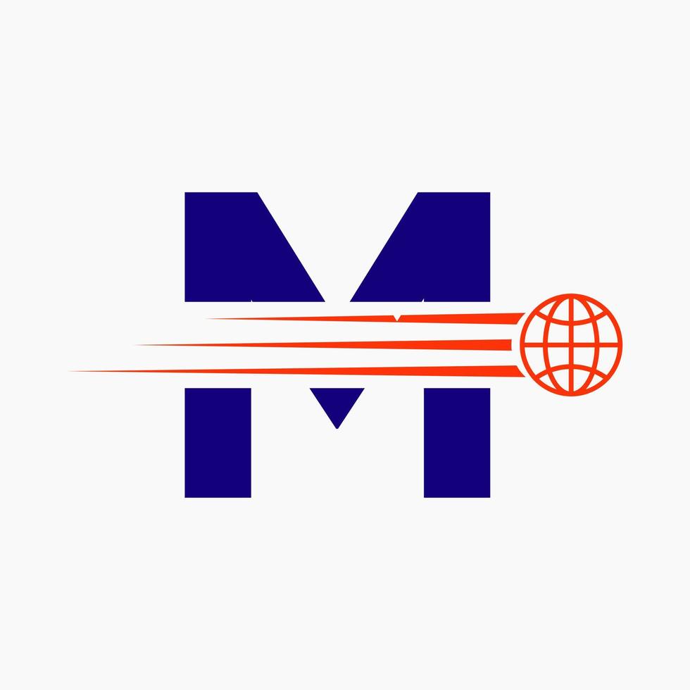 concepto de logotipo global letra m con icono de mundo en movimiento. plantilla de vector de símbolo de logotipo global