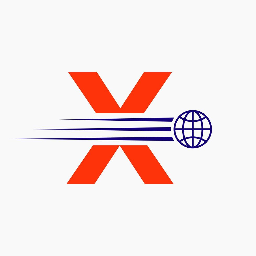 concepto de logotipo global de letra x con icono de mundo en movimiento. plantilla de vector de símbolo de logotipo global