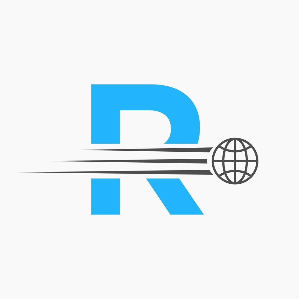 concepto de logotipo global de letra r con icono de mundo en movimiento. plantilla de vector de símbolo de logotipo global