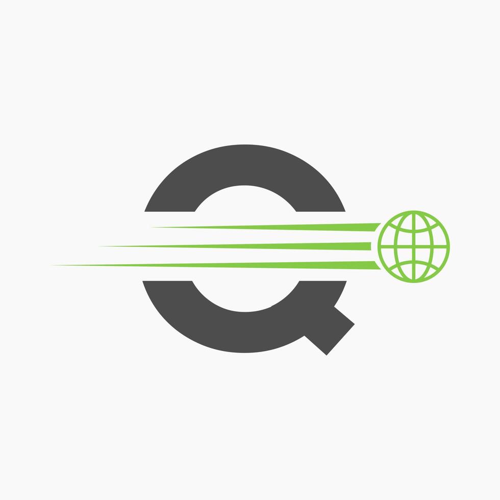 concepto de logotipo global de letra q con icono de mundo en movimiento. plantilla de vector de símbolo de logotipo global