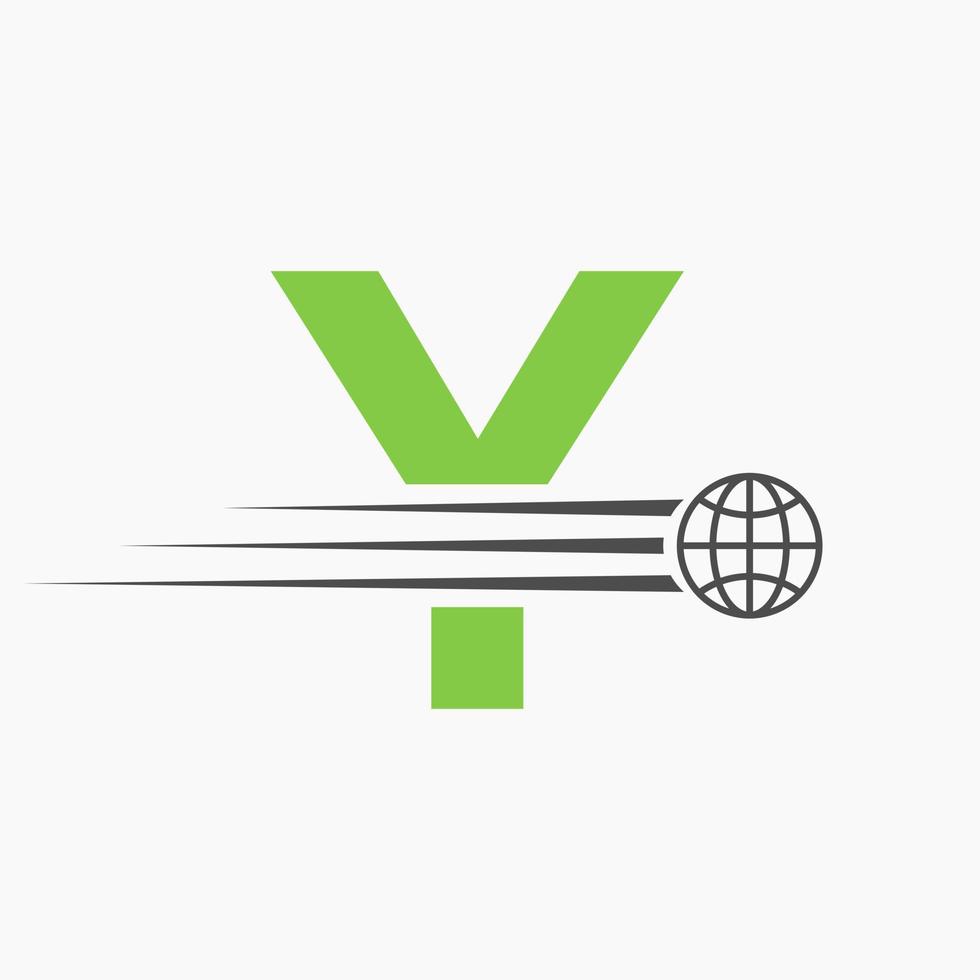 concepto de logotipo global de letra y con icono de mundo en movimiento. plantilla de vector de símbolo de logotipo global