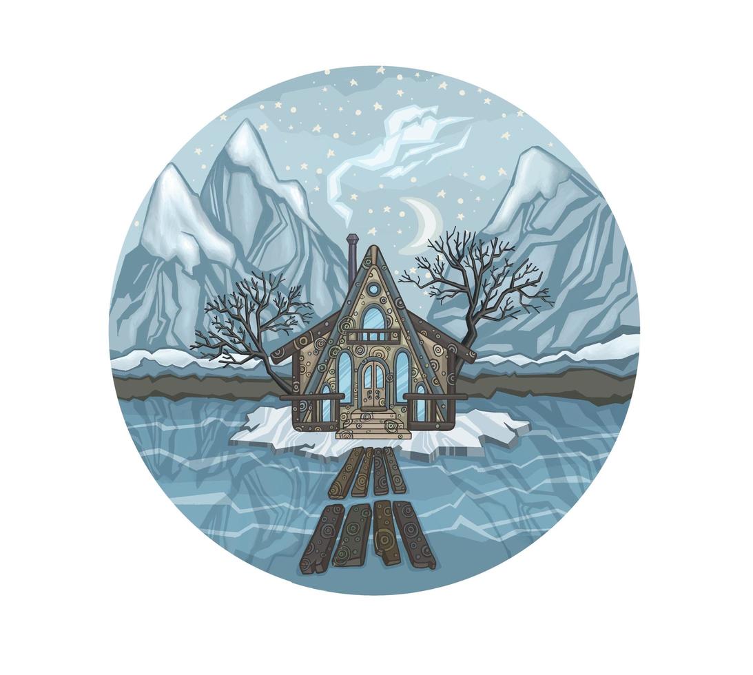 Winter nature and mountains, trees and house in the snow. High quality illustration photo