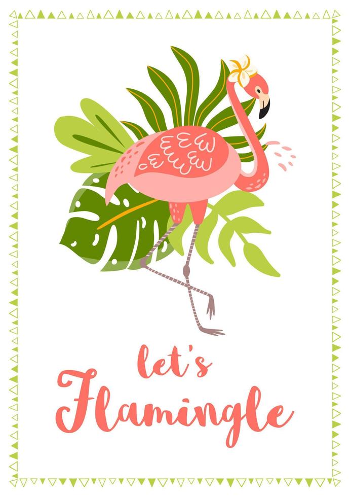 vamos flamear texto para flamenco fiesta invitación. verano playa fiesta modelo. linda rosado flamenco con tropical hojas. tropical tarjeta, bandera, póster. linda verano cita. vector ilustración.