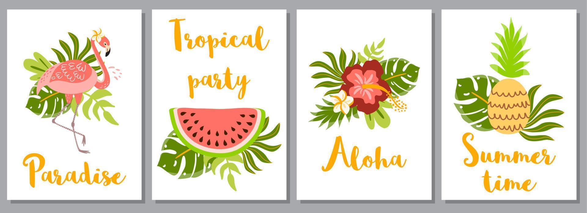 tropical fiesta invitación imprimible colocar. verano tarjetas, notas y pancartas con flamenco, exótico flores, piña sandía. texto hola, verano tiempo, tropical fiesta, paraíso. vector ilustración.