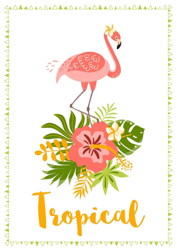 Pink flamingo, cute green tropical leaves hibiscus bouquet. Tropical concept. Summer party tropic background. Gentle pink flamingo, Graphic summer design. Exotic floral invitation Vector illustration.