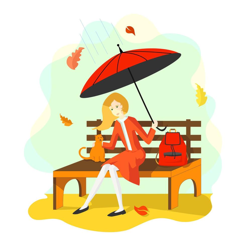 Return to school. In the autumn a schoolgirl in a school uniform sits on a bench with an umbrella, stroking a cat. Nearby is a school backpack. Vector illustration of an EPS10