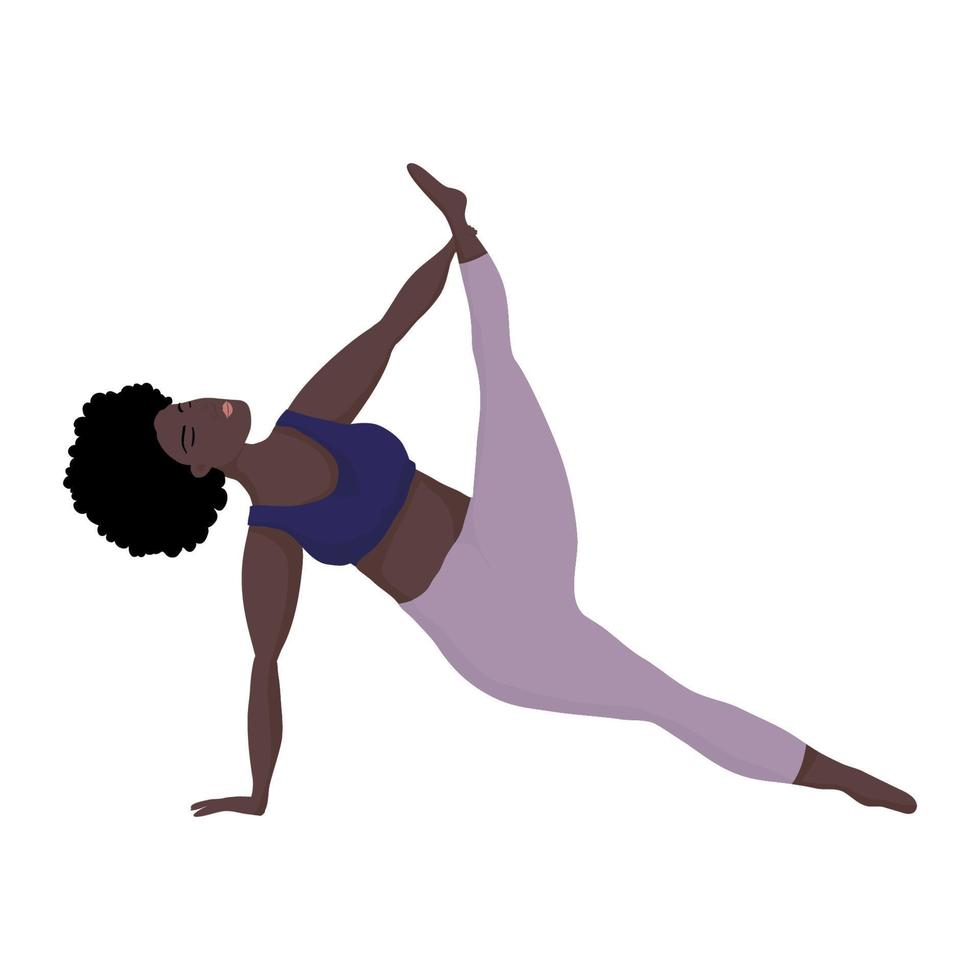 happy black skin of oversized women in yoga position. Sport and body health positive concept. Love body. Attractive women of large sizes an active healthy lifestyle vector