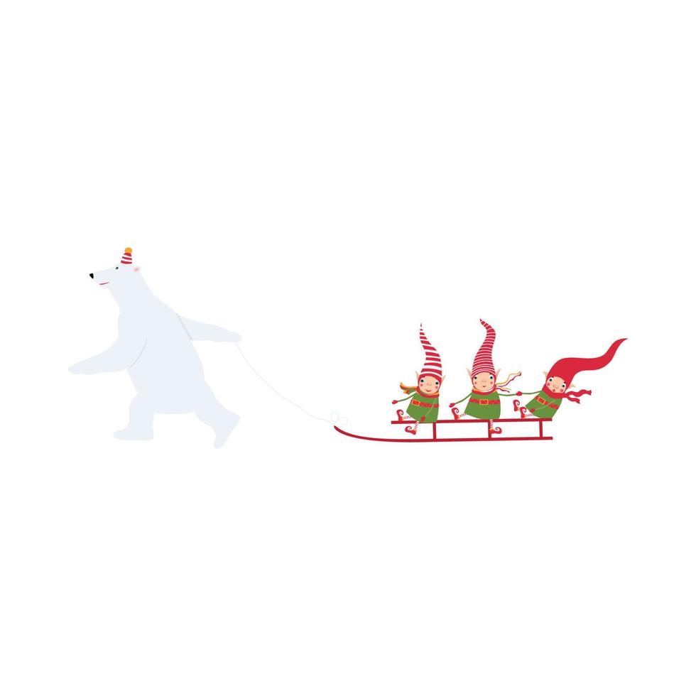 A polar bear sledding three elves. Cute christmas mood illustration vector