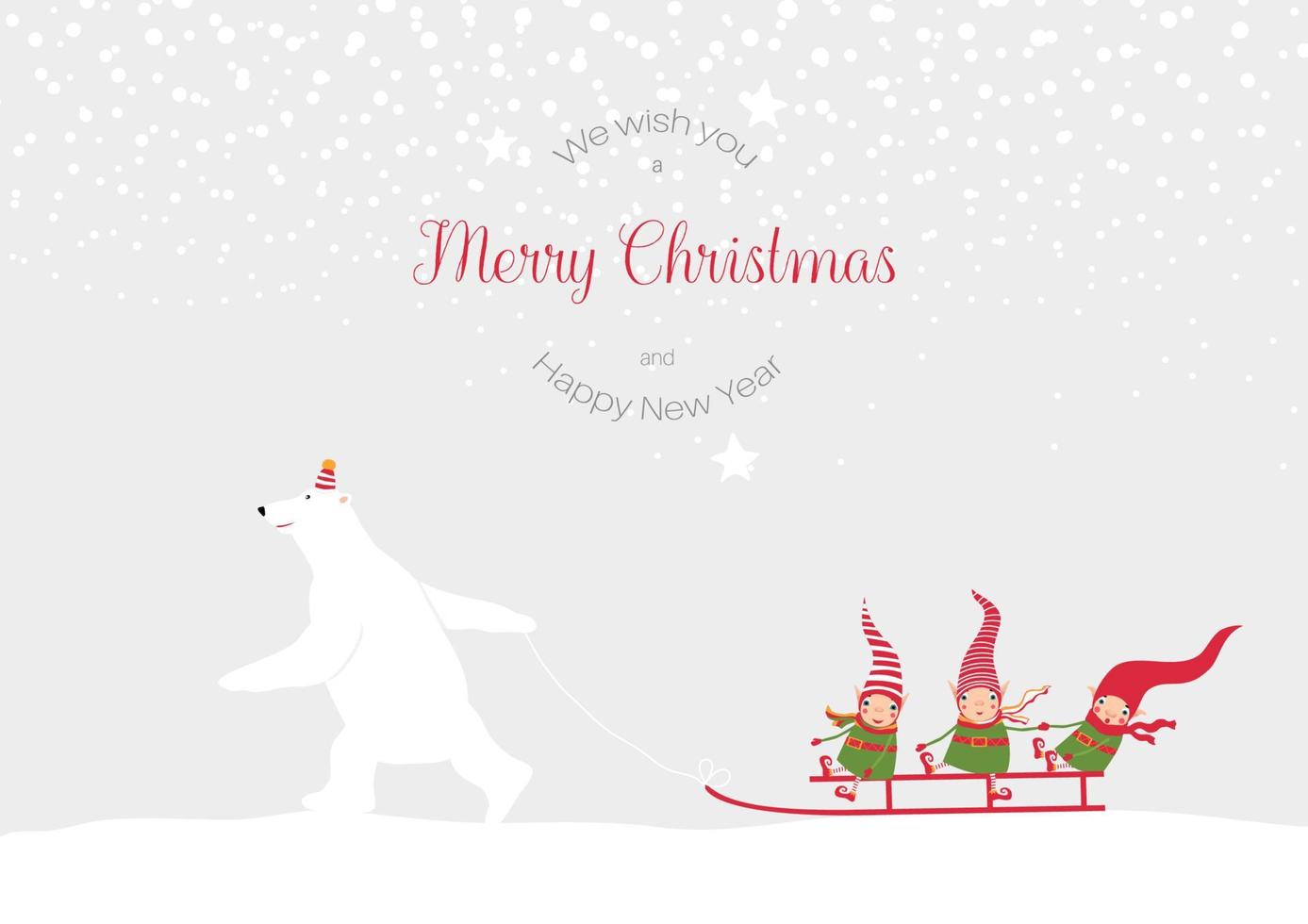 Stock vector illustration with winter landscape. Polar bear sledding 3 cute christmas elves. New year snowfall. Template for merry christmas and new year cards, greetings, banners or posters.