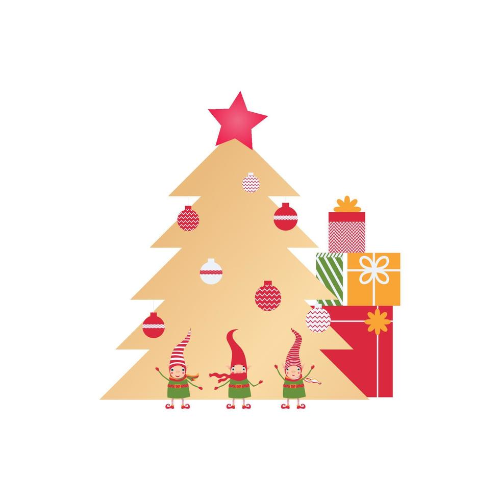 Christmas tree with gifts and three elves. Boxes with Christmas gifts under the tree vector