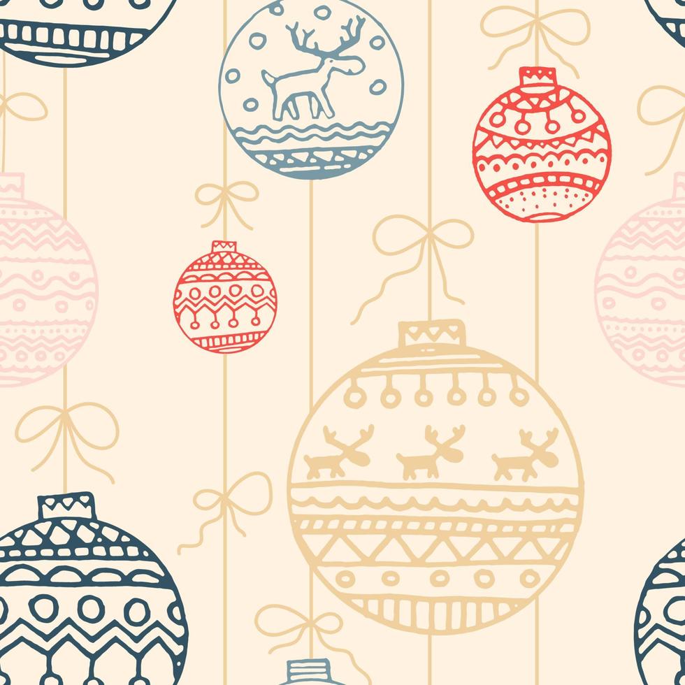 Christmas seamless pattern with Christmas balls in pastel colors and red. Christmas toys print in scandi style with elk or deer vector