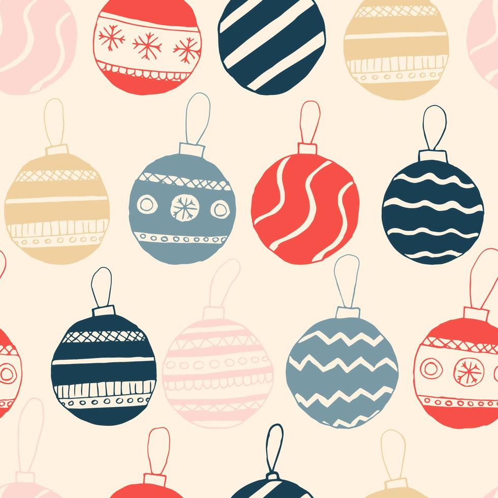 Christmas background with Christmas balls in pastel colors and red. Christmas decorations print with Scandinavian style ornament vector