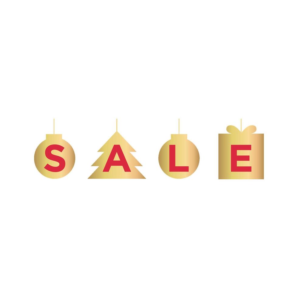 Christmas sale signboard in gold and red color. Letters in the form of gifts and a Christmas tree vector