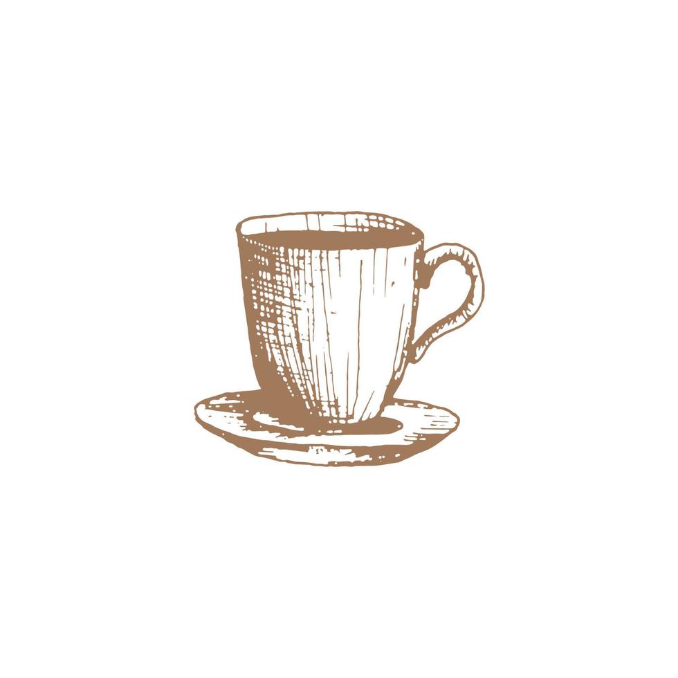 Hand drawn vintage coffee and cup vector illustration. A cup of coffee or latte or cappuccino and tea. Pencil drawn in vintage engraving style. Isolated on a white background.