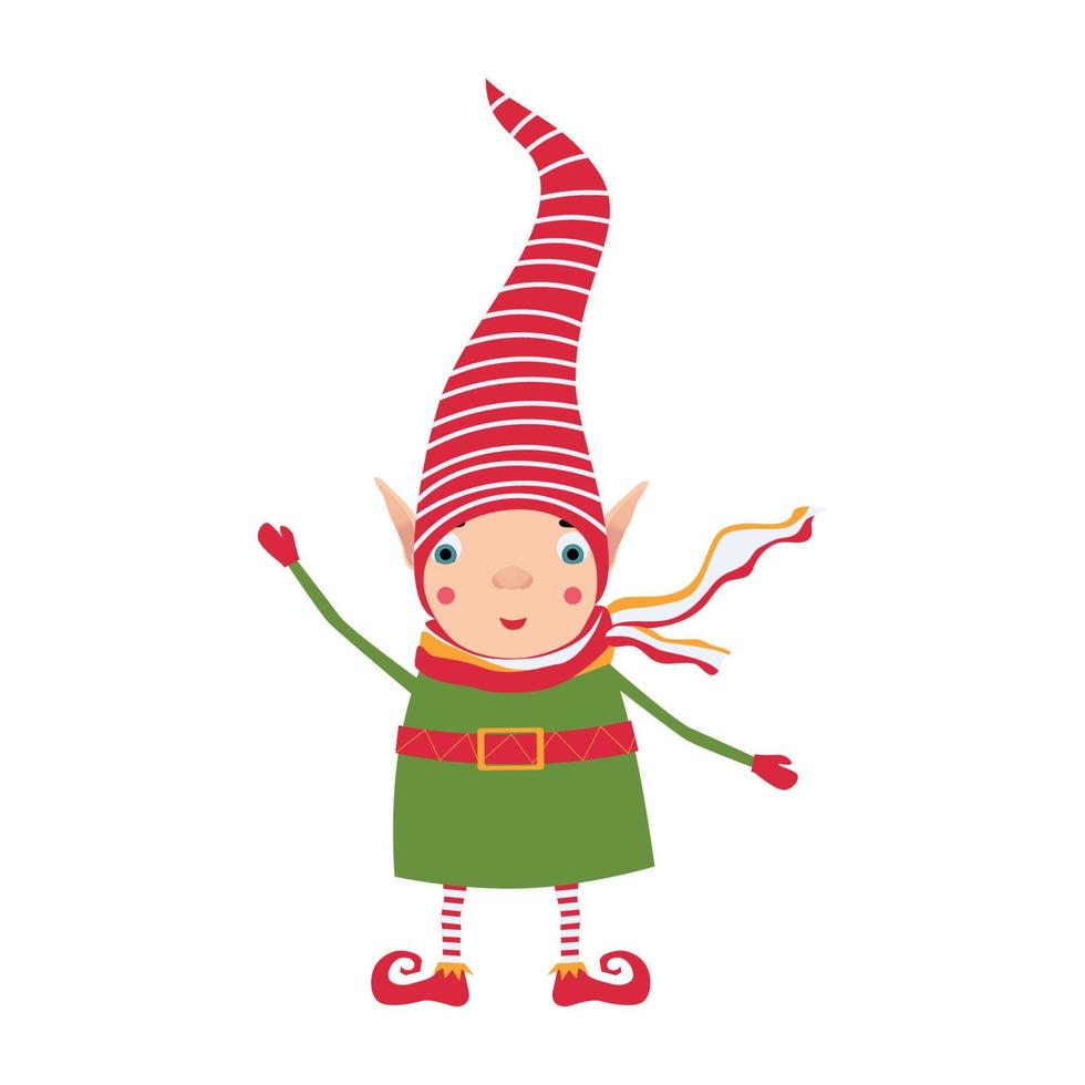 A Christmas elf in a red striped hat smiles and waves his hand in greeting. Adorable new year childrens illustration vector