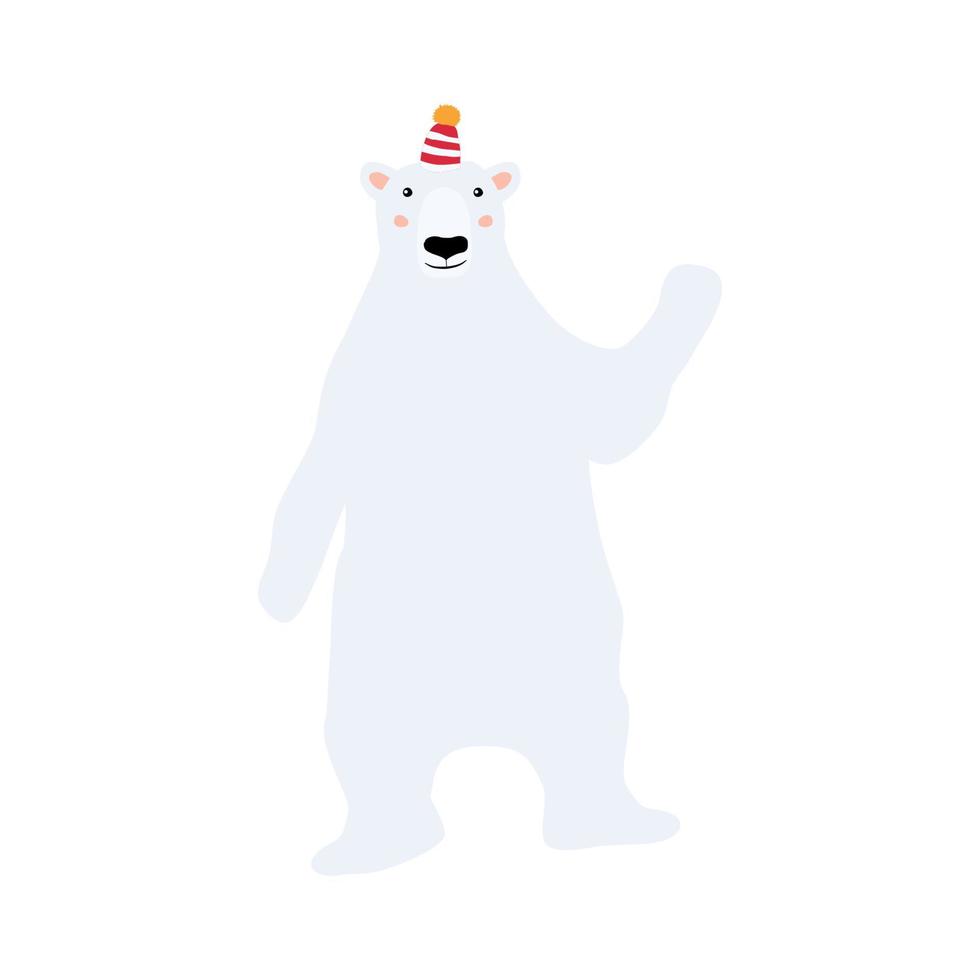 A polar bear in a knitted hat smiles and waves his hand in greeting. Adorable new year childrens illustration vector