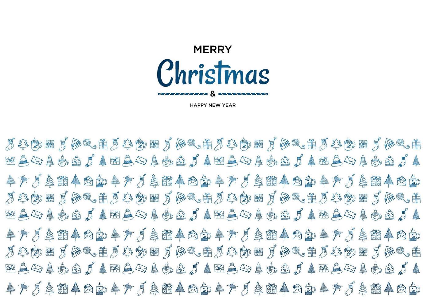 Merry Christmas and happy new year vector poster or greeting card design with hand drawn doodles elements.  Xmas banner with blue gradient.
