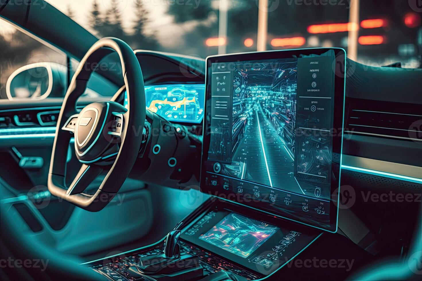 Artificial Intelligence Manages Transport. Technological Car without a Driver. AI and Automobile Future Cyber Illustration photo