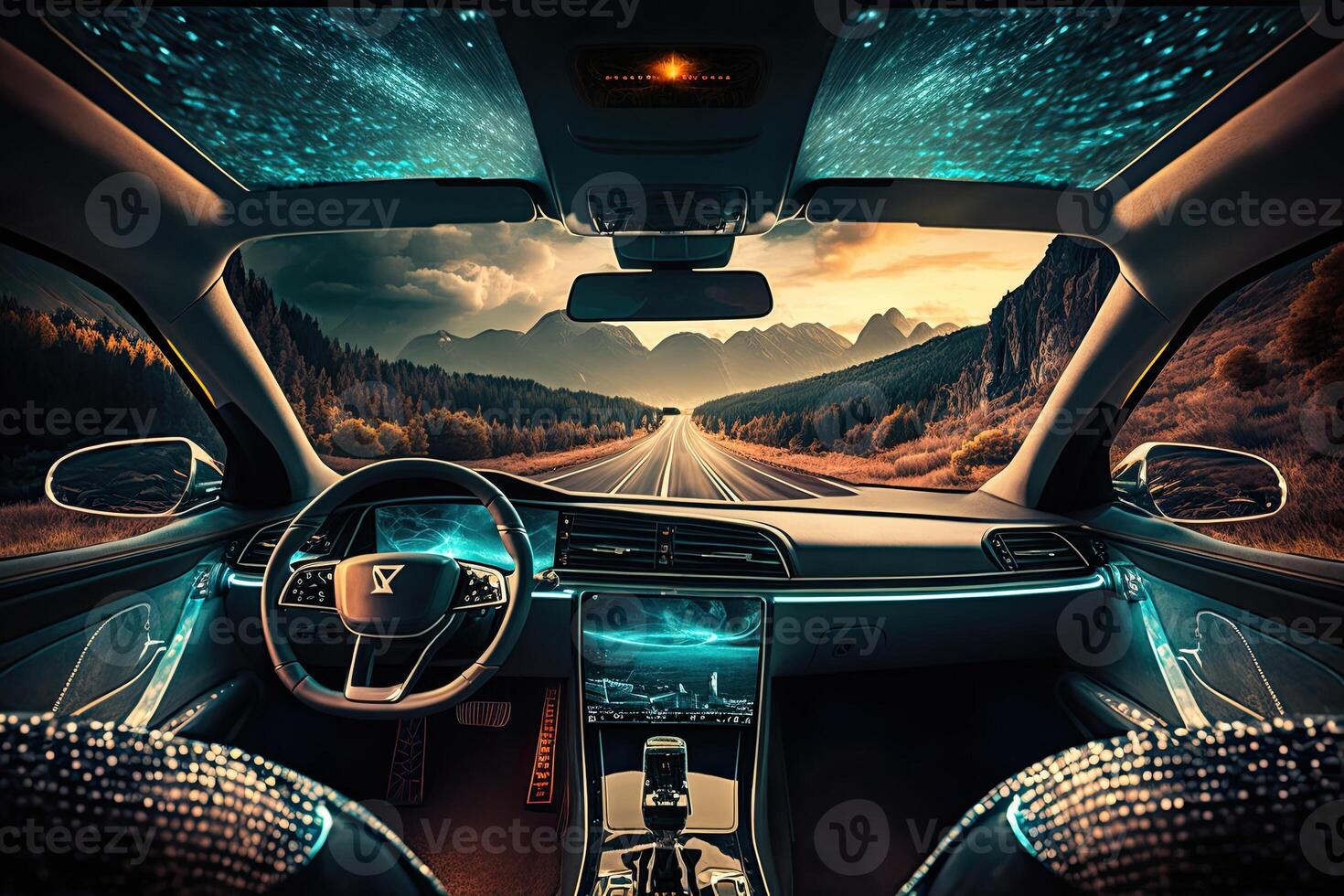 Artificial Intelligence Manages Transport. Technological Car without a Driver. AI and Automobile Future Cyber Illustration photo