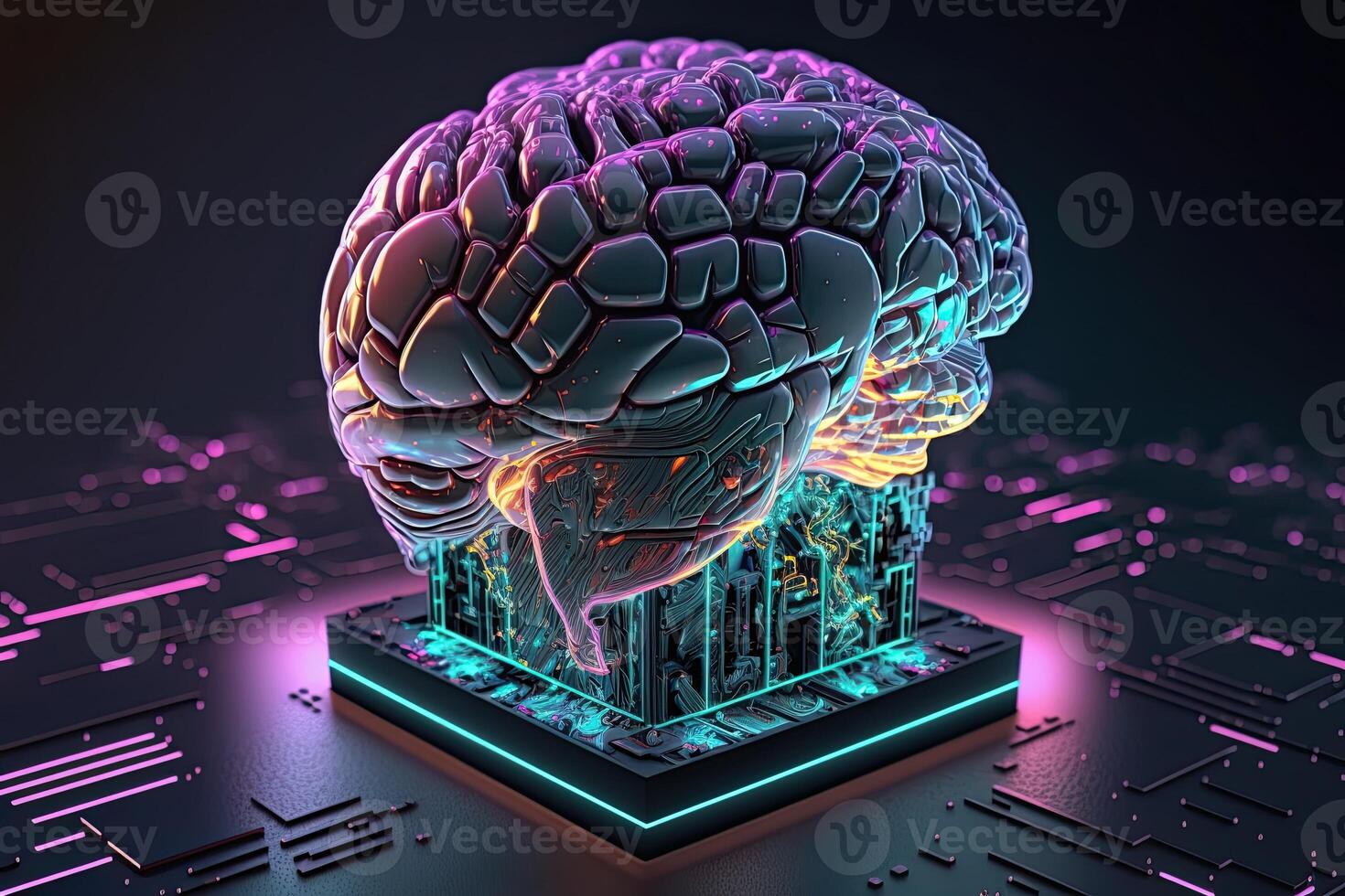 Cybernetic Artificial Intelligence Brain. Computer Chip Cyber Technology. photo