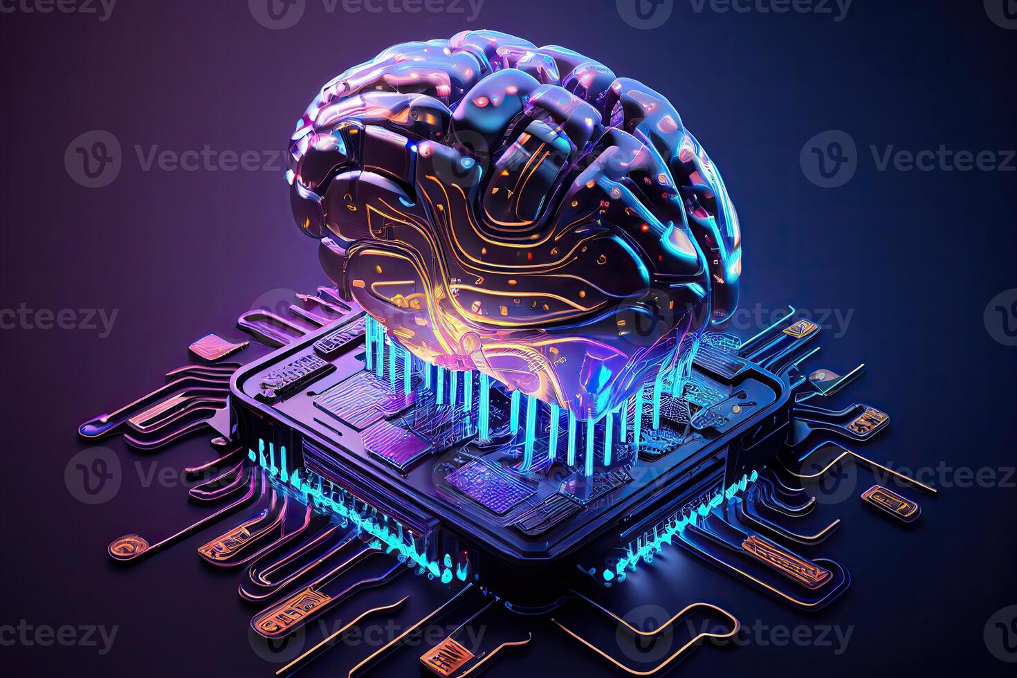 Cybernetic Artificial Intelligence Brain. Computer Chip Cyber Technology. photo