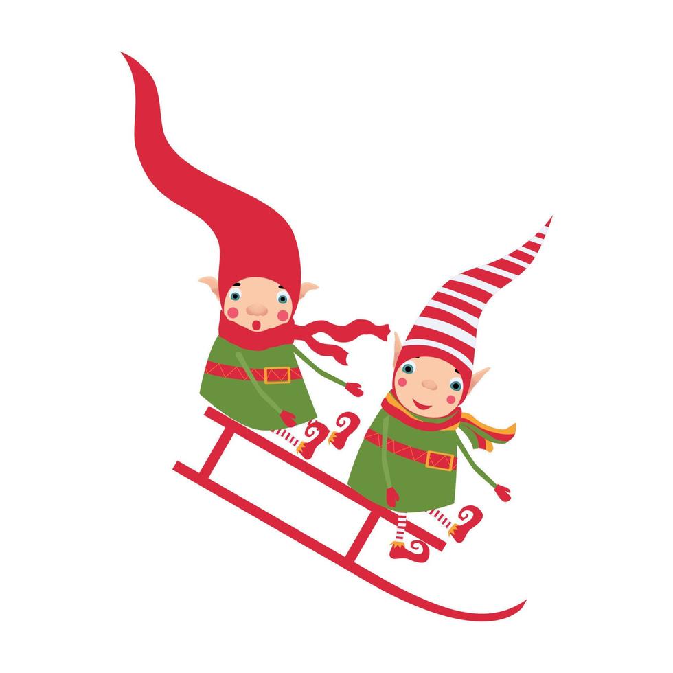 Elves are riding on a sled from a slide. Christmas mood. Adorable new year childrens illustration vector