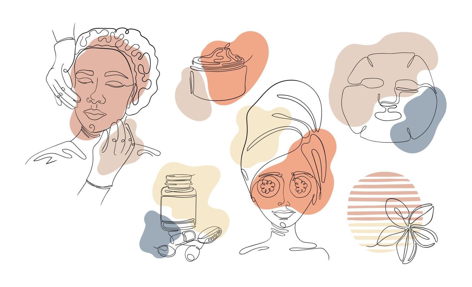 Vector linear art illustration of woman face care procedures, cosmetic masks, injections, cream. Women's faces are drawn with lines, beauty and health of the skin