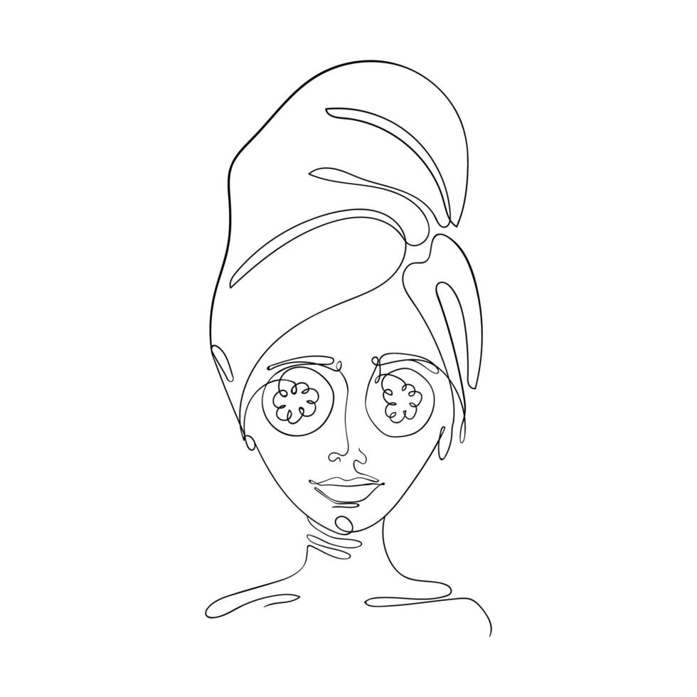 Girl with a towel on her head and cucumbers in her eyes is drawn by one endless line. Cosmetic procedures at home, skin care vector