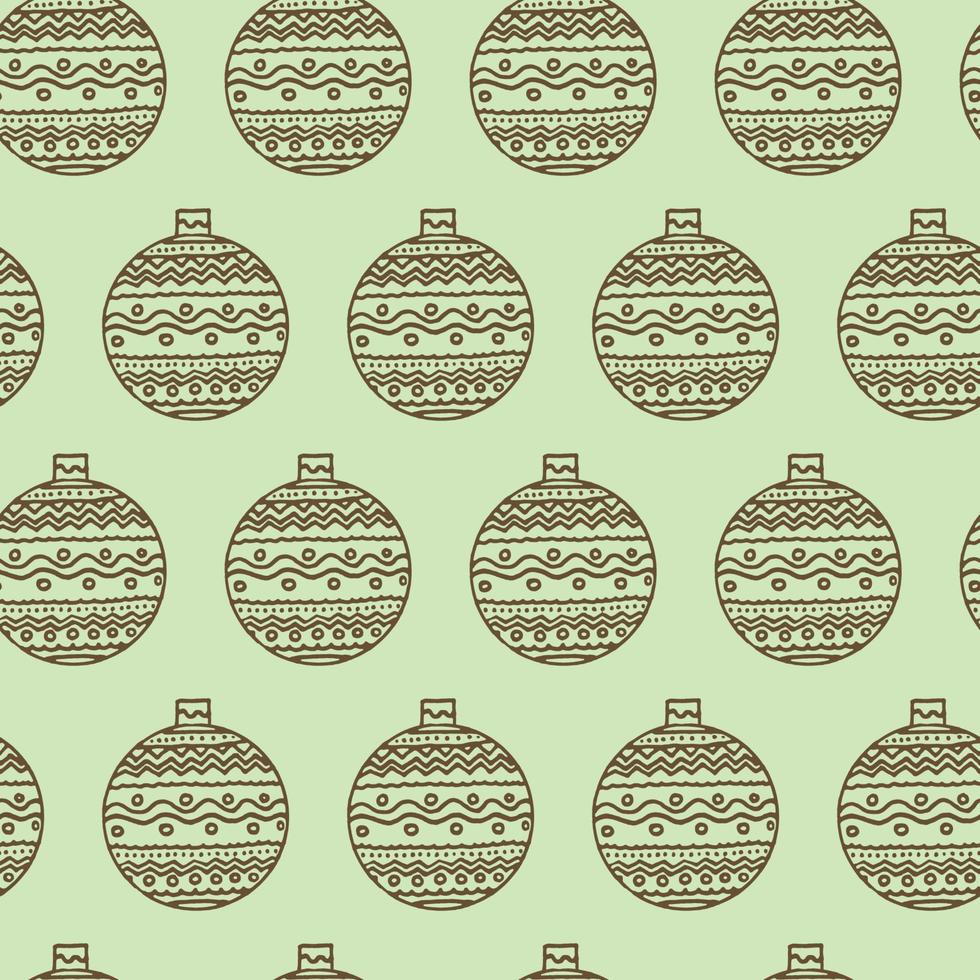 Seamless pattern for Christmas on green background. Doodle christmas balls icon thin line in cartoon scandinavian style. For gift wrap and package or stationery. vector