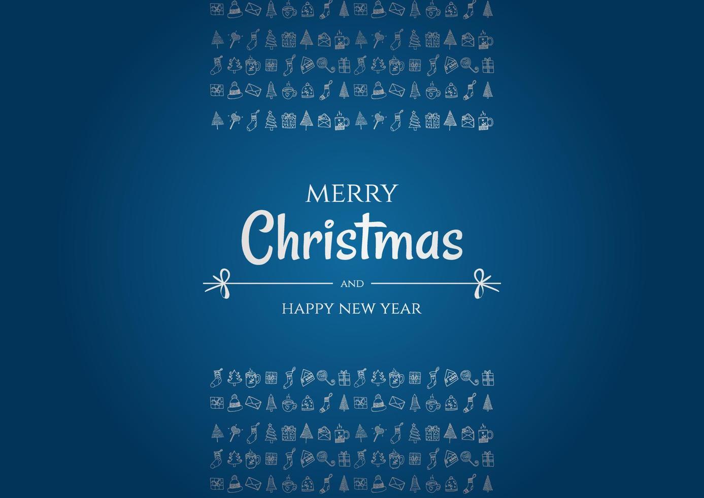 Merry Christmas and happy new year vector poster or greeting card design with hand drawn doodles elements.  Xmas banner with silver gradient on blue background.