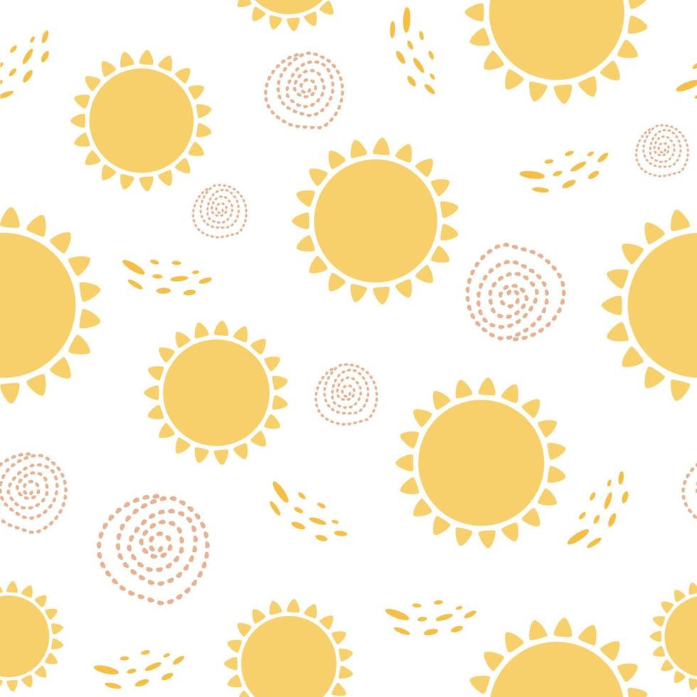 Sun seamless pattern background. Cute sunny yellow summer background in cute cartoon style. Hand drawing sun symbols wallpaper. Decorative printable paper. Vector illustration.