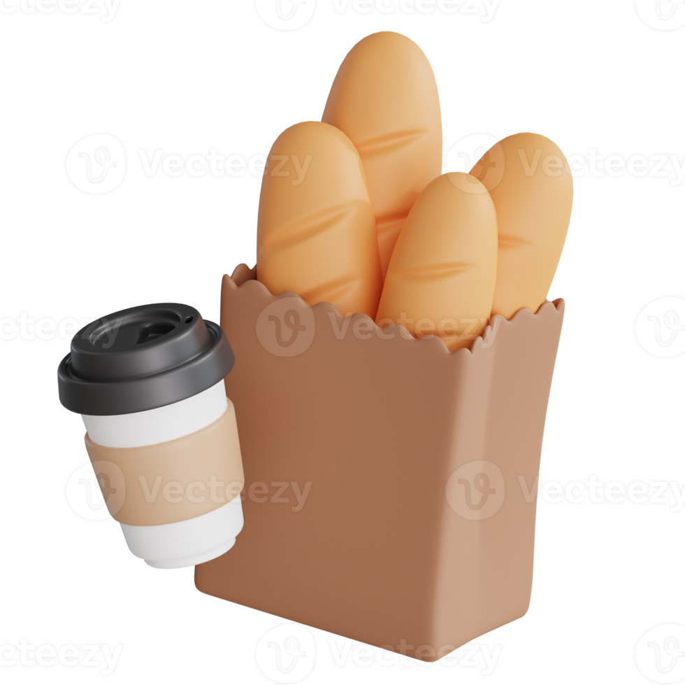 baguette met koffie 3d illustraties icoon png