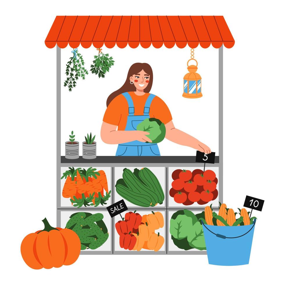 Female farmer sells vegetables at stall counter. Concept of seasonal agricultural fair. Flat vector illustration on white background.