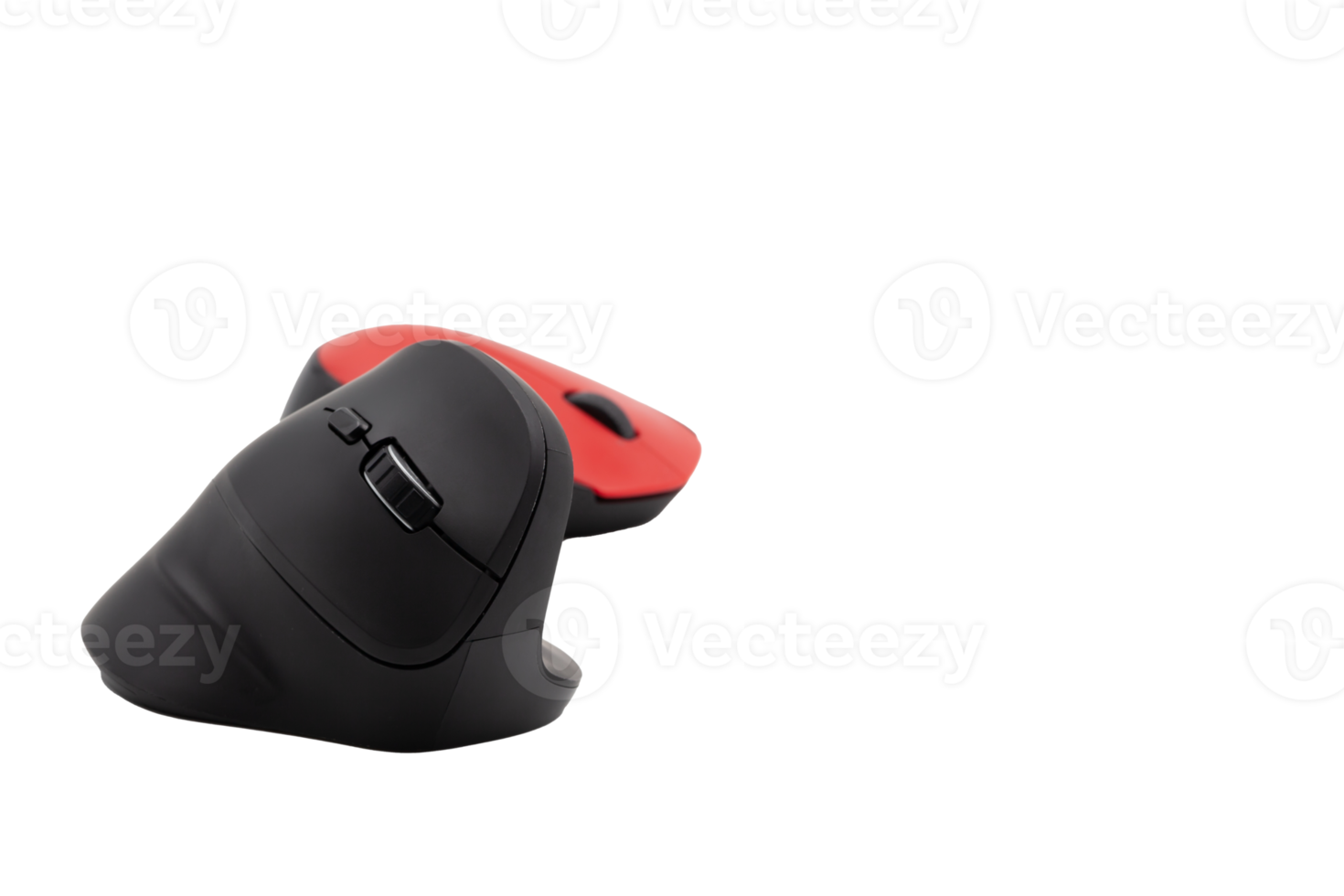 Vertical black and horizontal red computer mouse on a transparent background against each other. Horizontal. No background. Template. Photo in high quality png