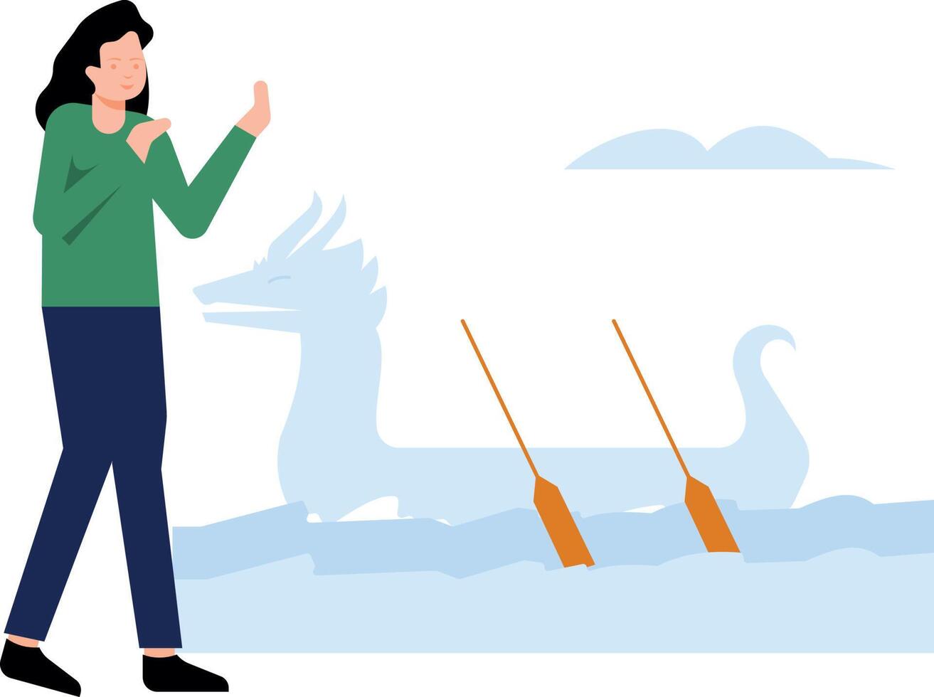 The girl is standing next to the dragon boat. vector